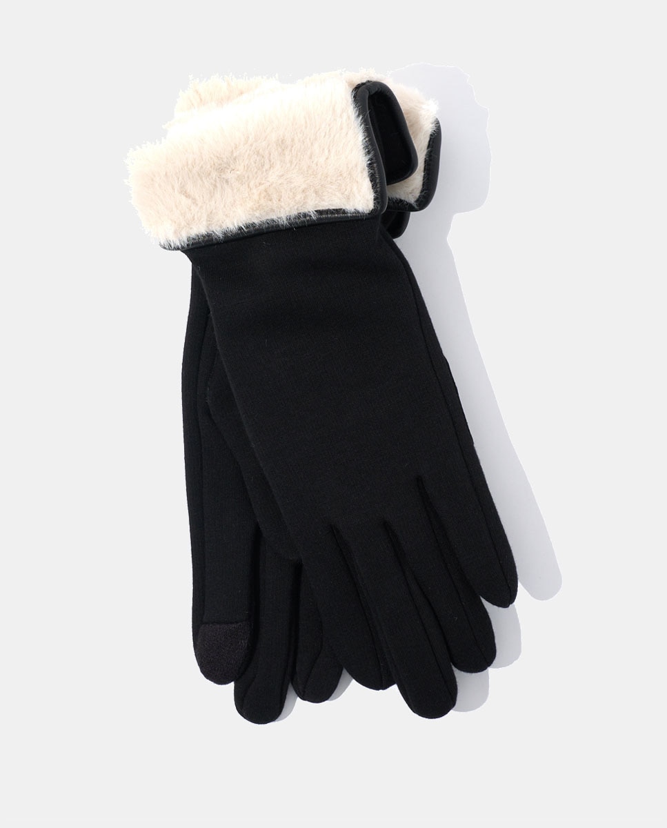 Luvas com Punho de Pelo Sintético - Preto/Verde Branco-1