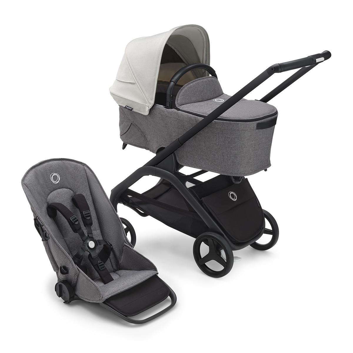 Carrinho de Bebé Duo Dragonfly - Base Preto/Cinzento Melange com Capota Branco Névoa e Alcofa Cinzento Melange Cinzento-4