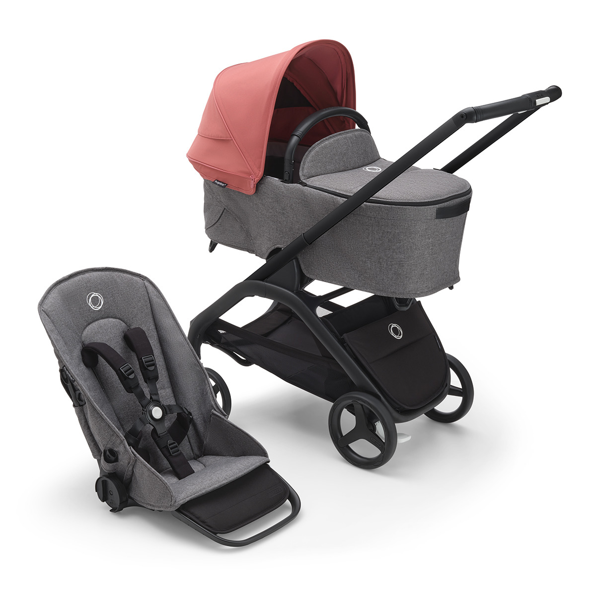 Carrinho de Bebé Duo Dragonfly - Base Preto/Cinzento Melange com Capota Vermelho Amanhecer e Alcofa Cinzento Melange Cinzento-4