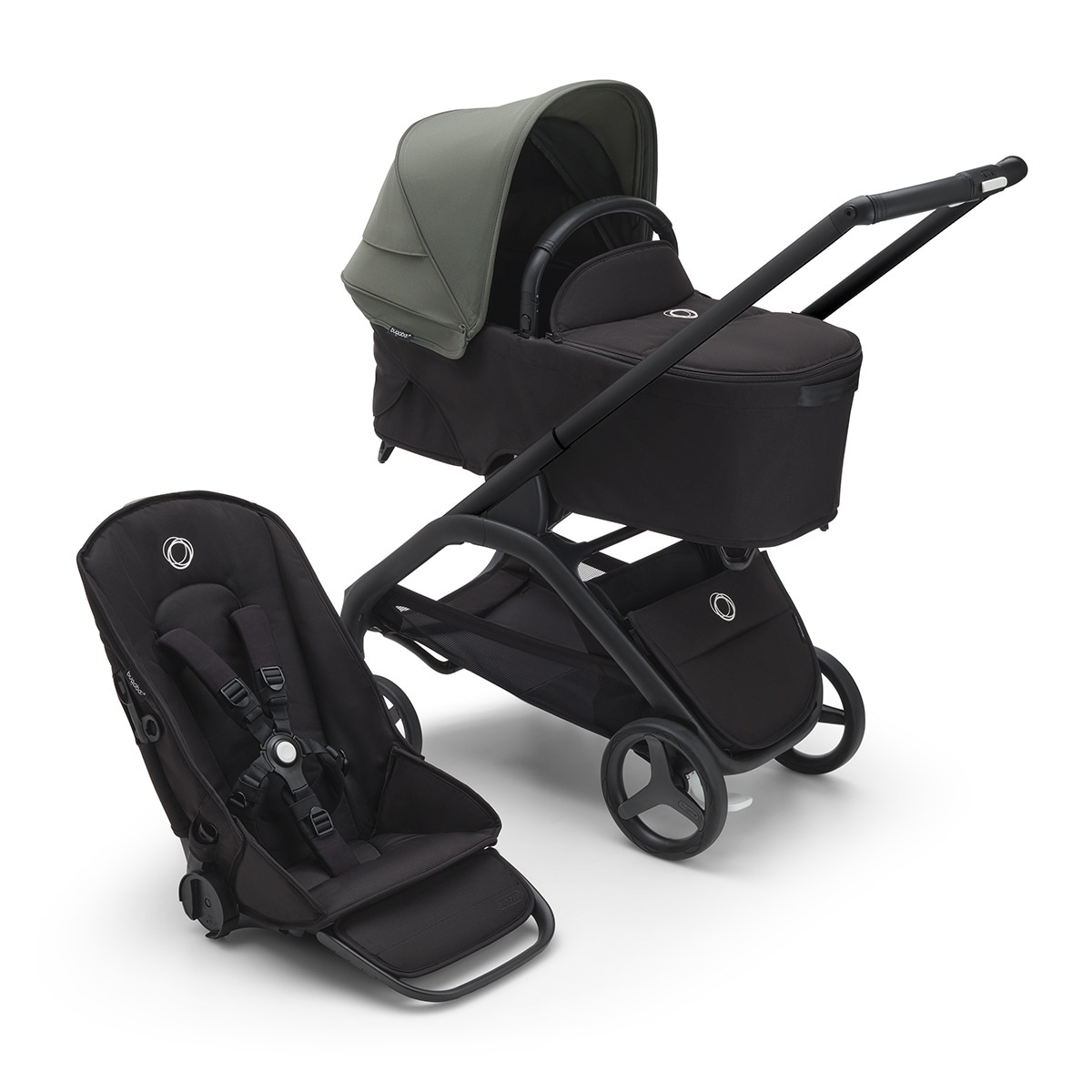 Carrinho de Bebé Duo Dragonfly - Base Preto/Preto Meia-noite com Capota Verde Bosque e Alcofa Preto Meia-noite Preto-4