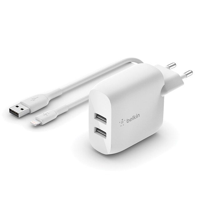 Imagen 0 de Cargador de pared Belkin doble USB-A 24 W + cable Lightning a USB-A