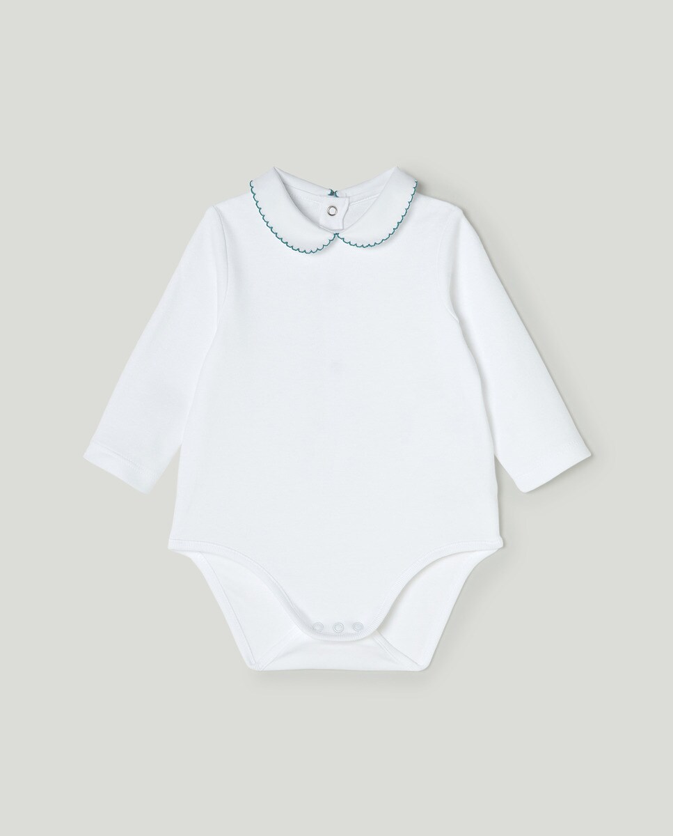 Body manches longues maille interlock col Claudine broderie contrastante