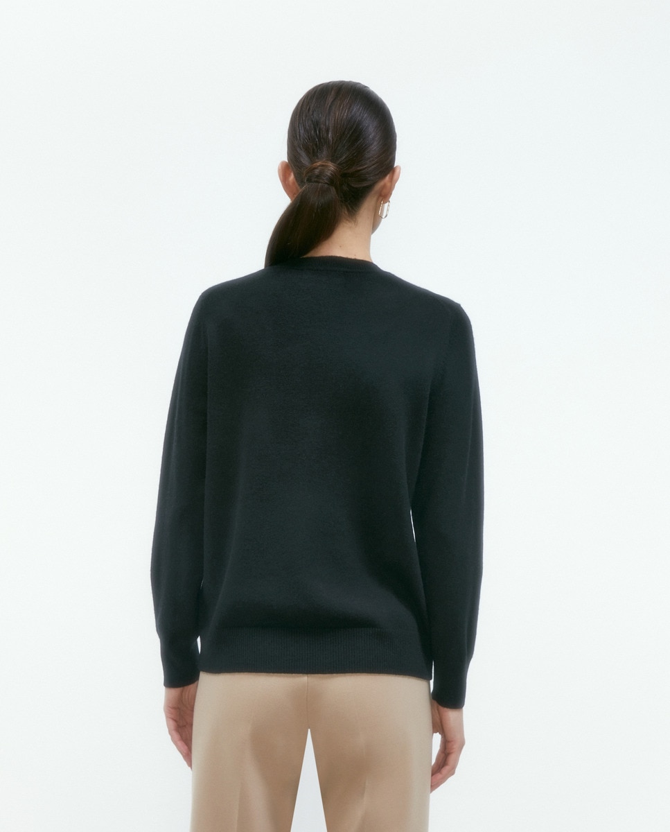 Camisola de Malha 100% Caxemira com Decote Redondo Preto-3