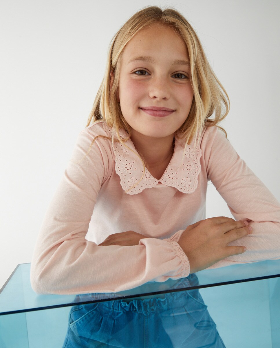 Tshirt manches longues uni col tissu brodé