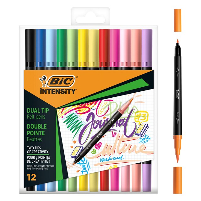 Imagen 0 de 12 Rotuladores de Lettering colores pastel y classic, de doble punta fina y pincel BIC Intensity