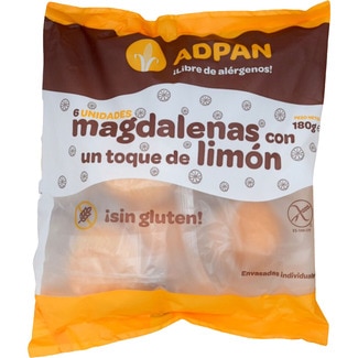 magdalenas sabor limón sin gluten, sin leche y sin aceite de palma 6 unidades bolsa 180 g - Adpan