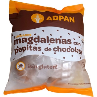 magdalenas con pepitas de chocolate sin gluten y sin aceite de palma bolsa 180 g - Adpan