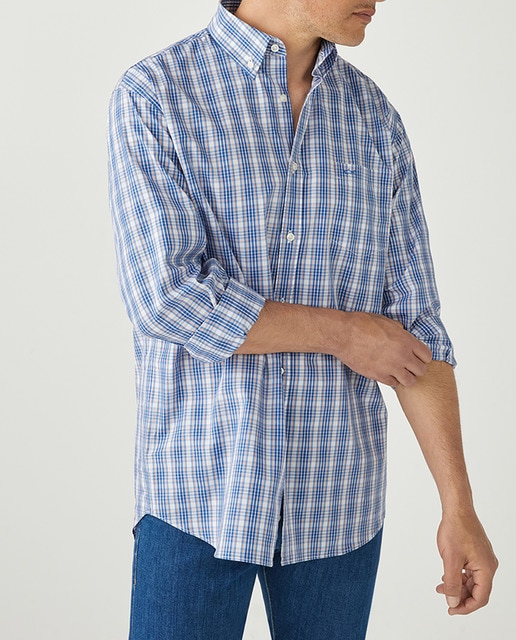 Imagen 0 de Camisa de hombre regular multicuadros azules perfil naranja