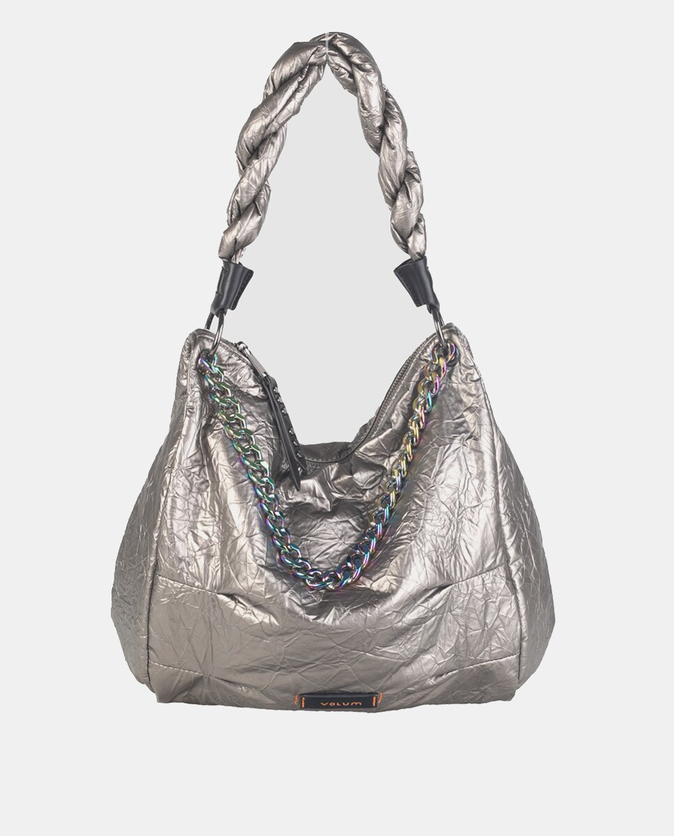 Grand sac hobo en nylon métallisé avec anses tressées matelassées