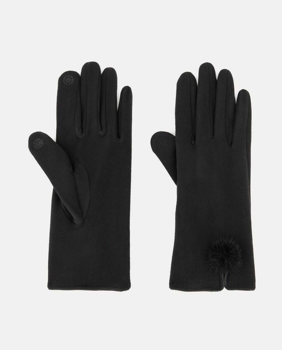 Luvas com Detalhe de Pompom e em Tecido - Preto Preto-1