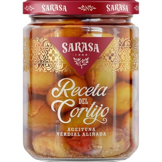 aceitunas verdial con hueso, ajos y pimientos rojos aliñados La receta del Cortijo frasco 240 g neto escurrido - Sarasa