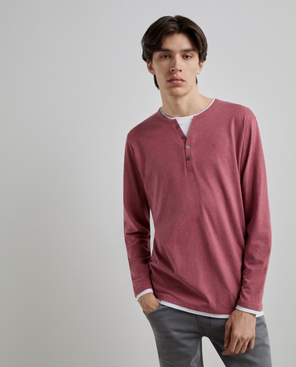 Tshirt uni à col tunisien double et manches longues