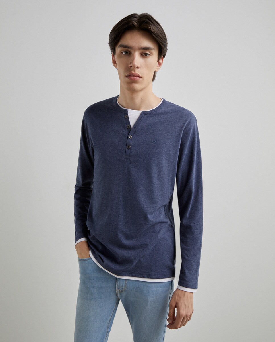 Tshirt uni à col tunisien double et manches longues