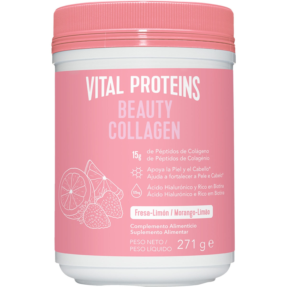 péptidos de colágeno con ácido hialurónico y biotina sabor fresa y limón bote 271 g