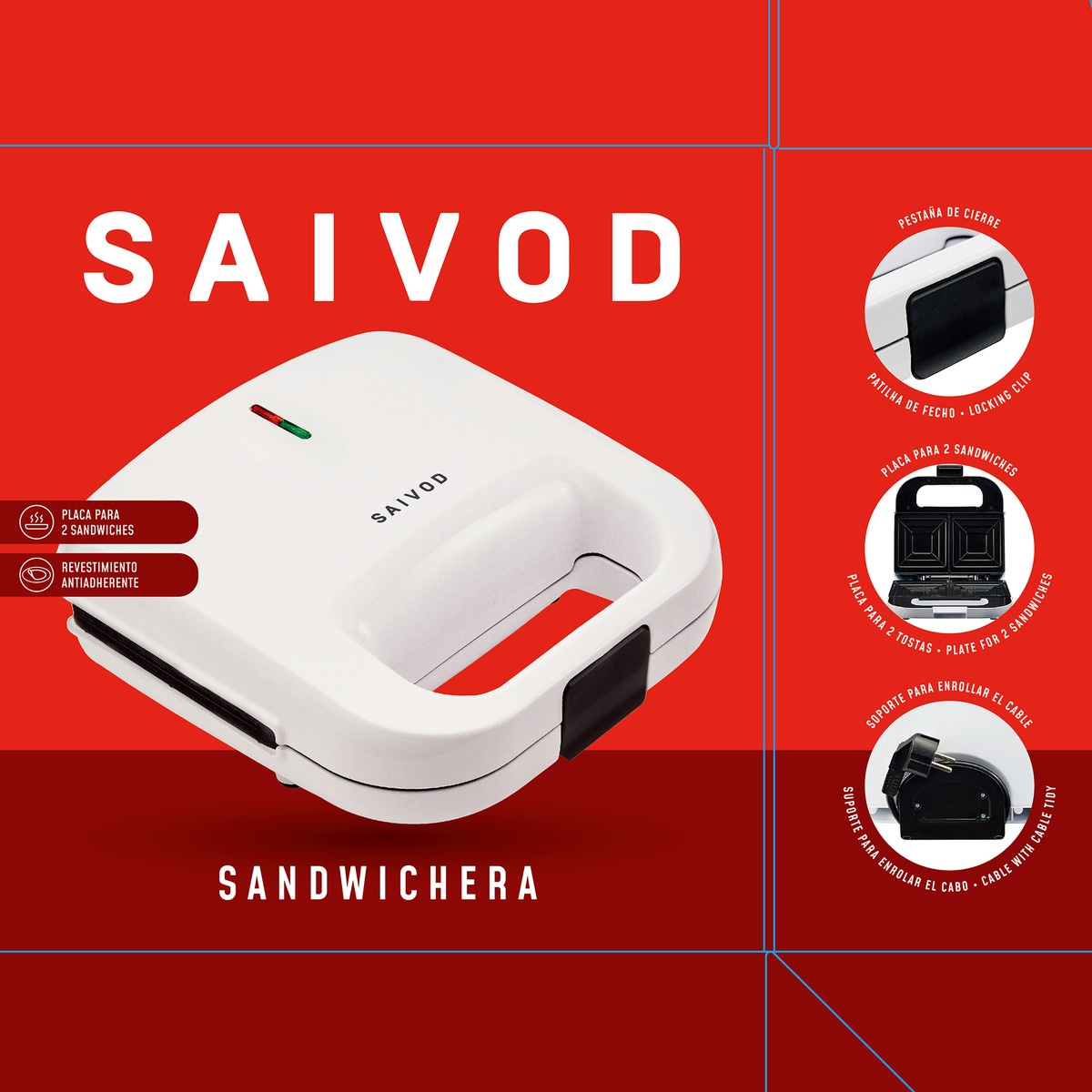 Sandwichera Saivod Y-8001 con termostado de temperatura automático Blanco-3