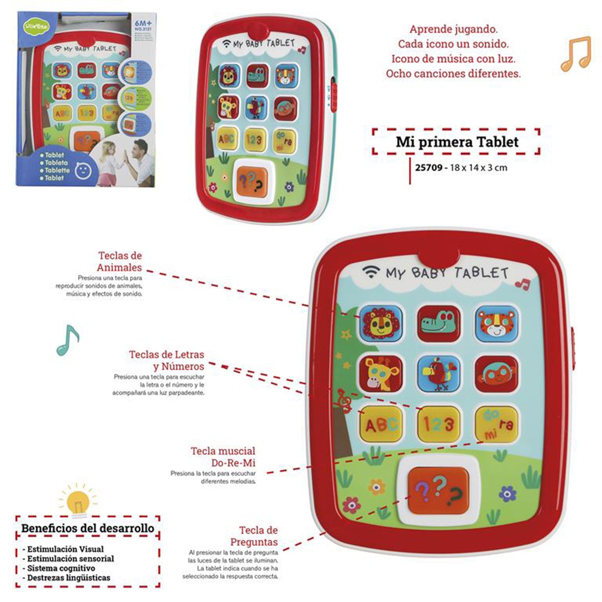 Mi Primera Tablet Little Kids con sonidos de animales, números y preguntas Rojo-2