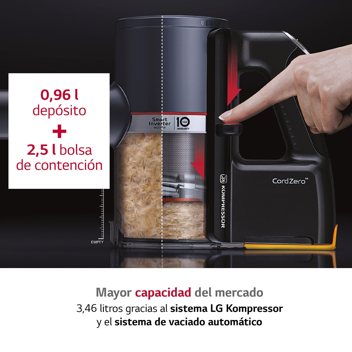 Aspirador de escoba LG All- In-One Kompressor con  210W, 60 Min,  sistema autovaciado y doble batería 8
