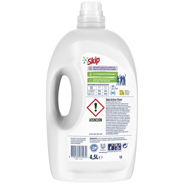 Active Clean detergente máquina líquido botella 90 dosis · SKIP · Supermercado El Corte Inglés