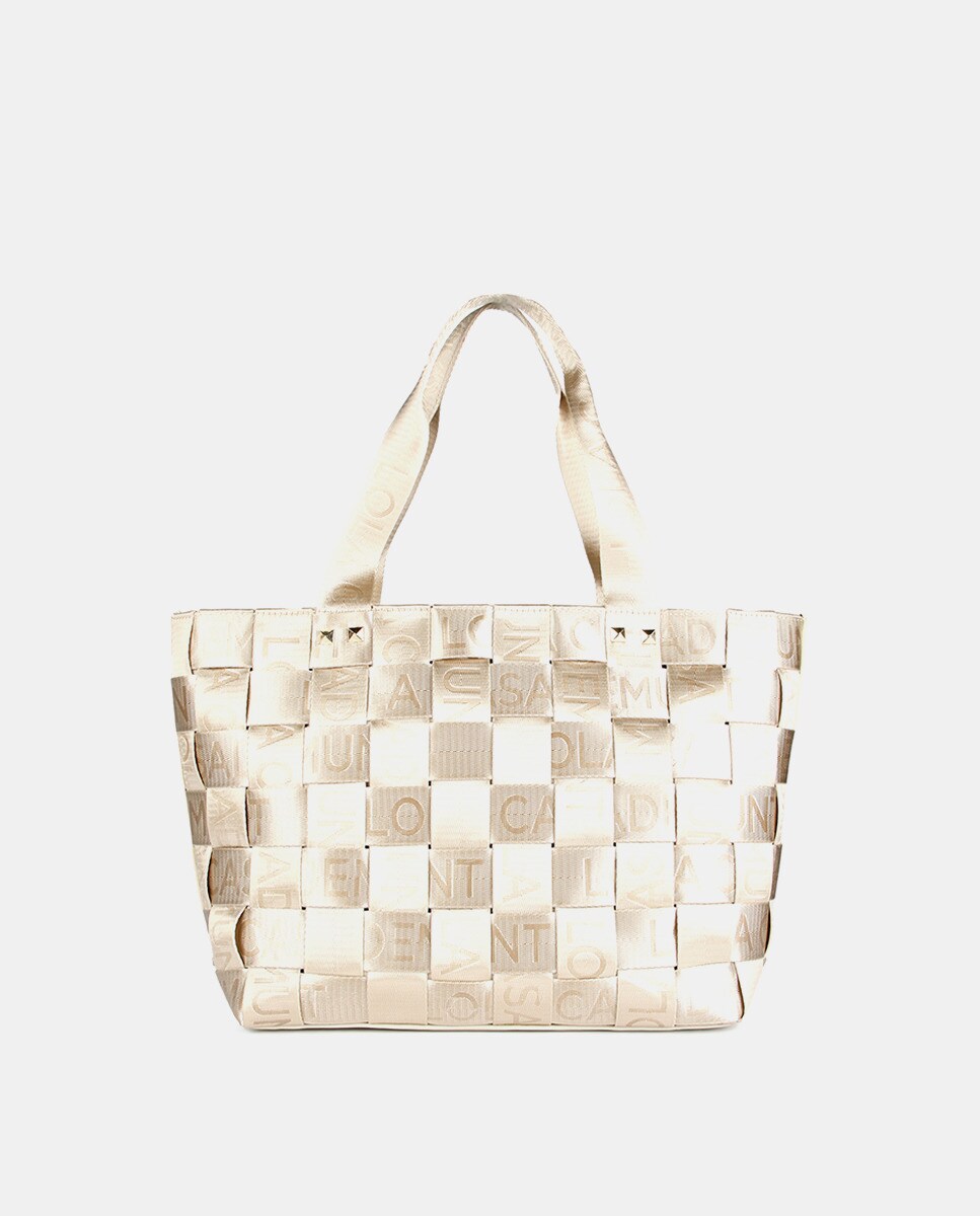 Sac cabas tressé écru avec logos sur rubans