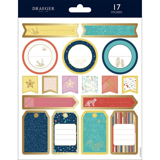 Imagen 0 de Sticker 17 pegatinas papel y foil etiquetas geométricas Draeger multicolor y dorado
