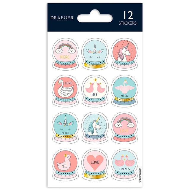 Imagen 0 de Sticker kids 12 pegatinas pvc y foil bolas de cristal unicornios Draeger tonos pastel
