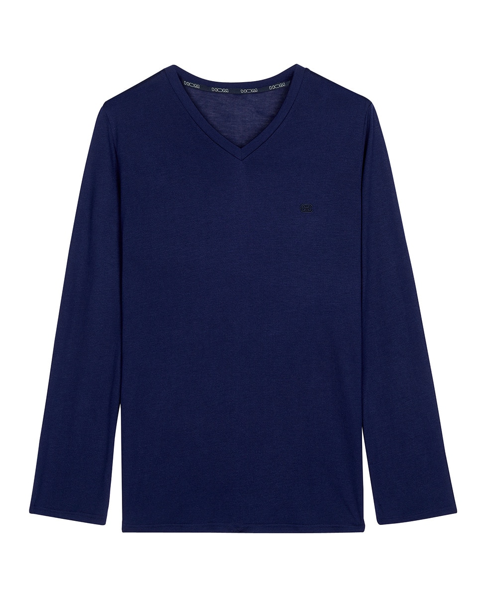 Camisola de Manga Comprida com Decote em Bico e em Modal Azul-3