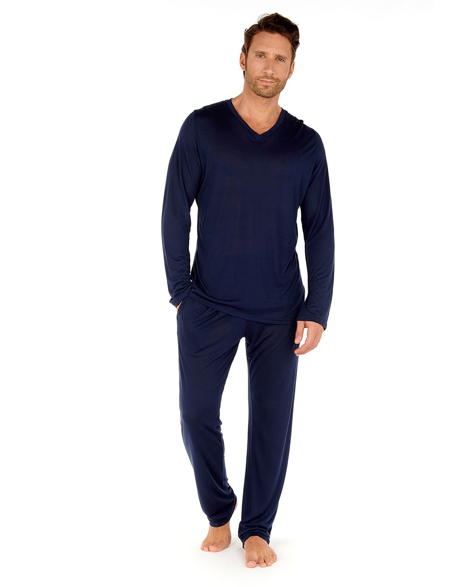 Camisola de Manga Comprida com Decote em Bico e em Modal Azul-1