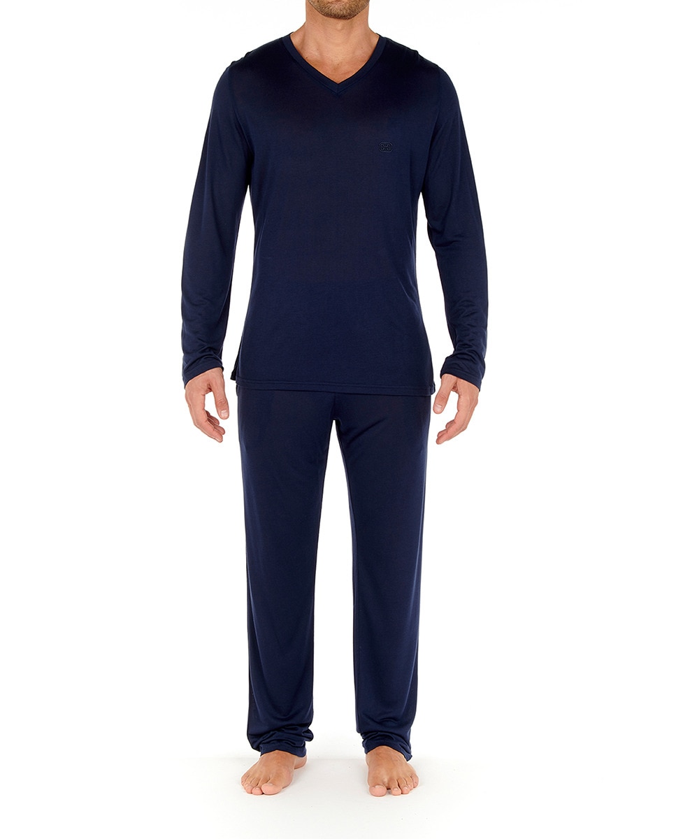 Camisola de Manga Comprida com Decote em Bico e em Modal Azul-2