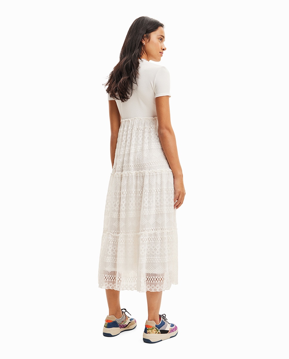 Vestido Midi Combinado com Tule Branco-2