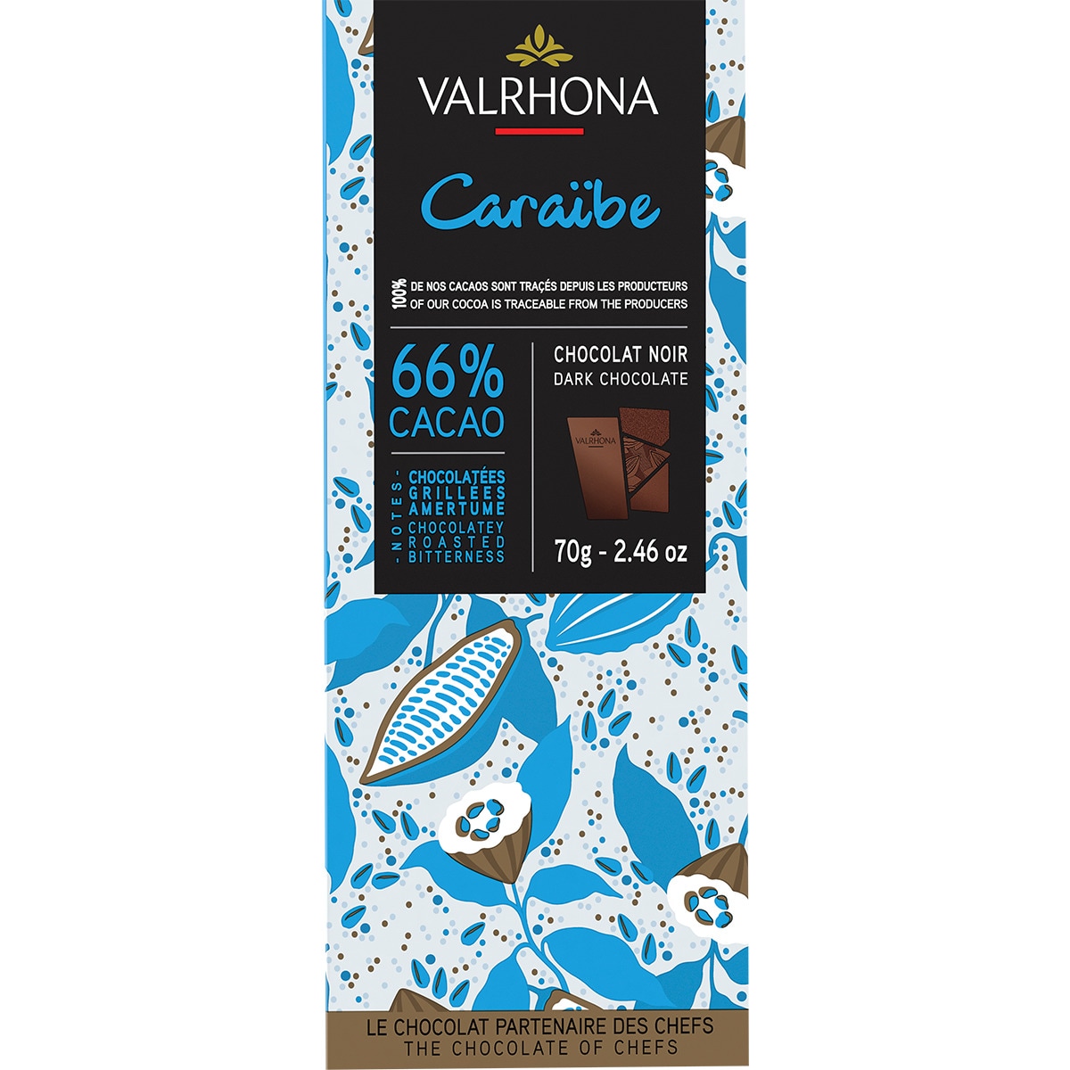 Valrhona Chocolate Preto 665 Caraibe embalagem 70 g
