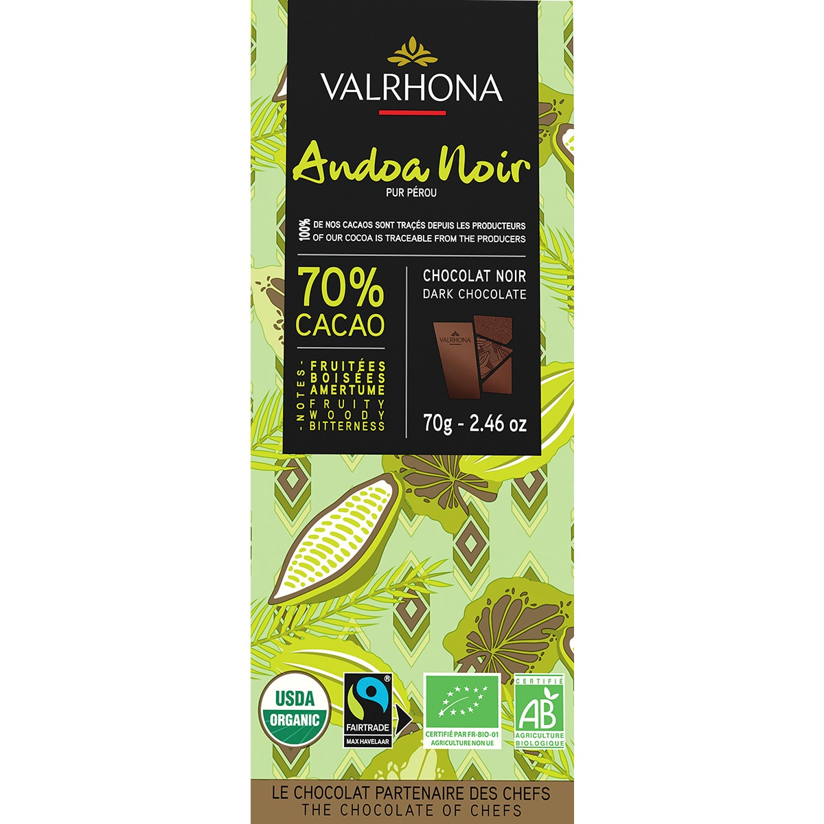 Valrhona Chocolate Preto 70% Andoa Biológico embalagem 70 g