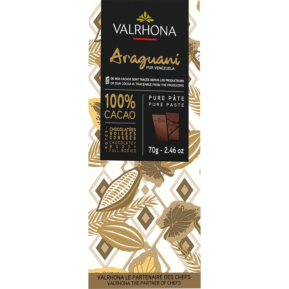 Valrhona Chocolate Preto 100% Araguani embalagem 70 g