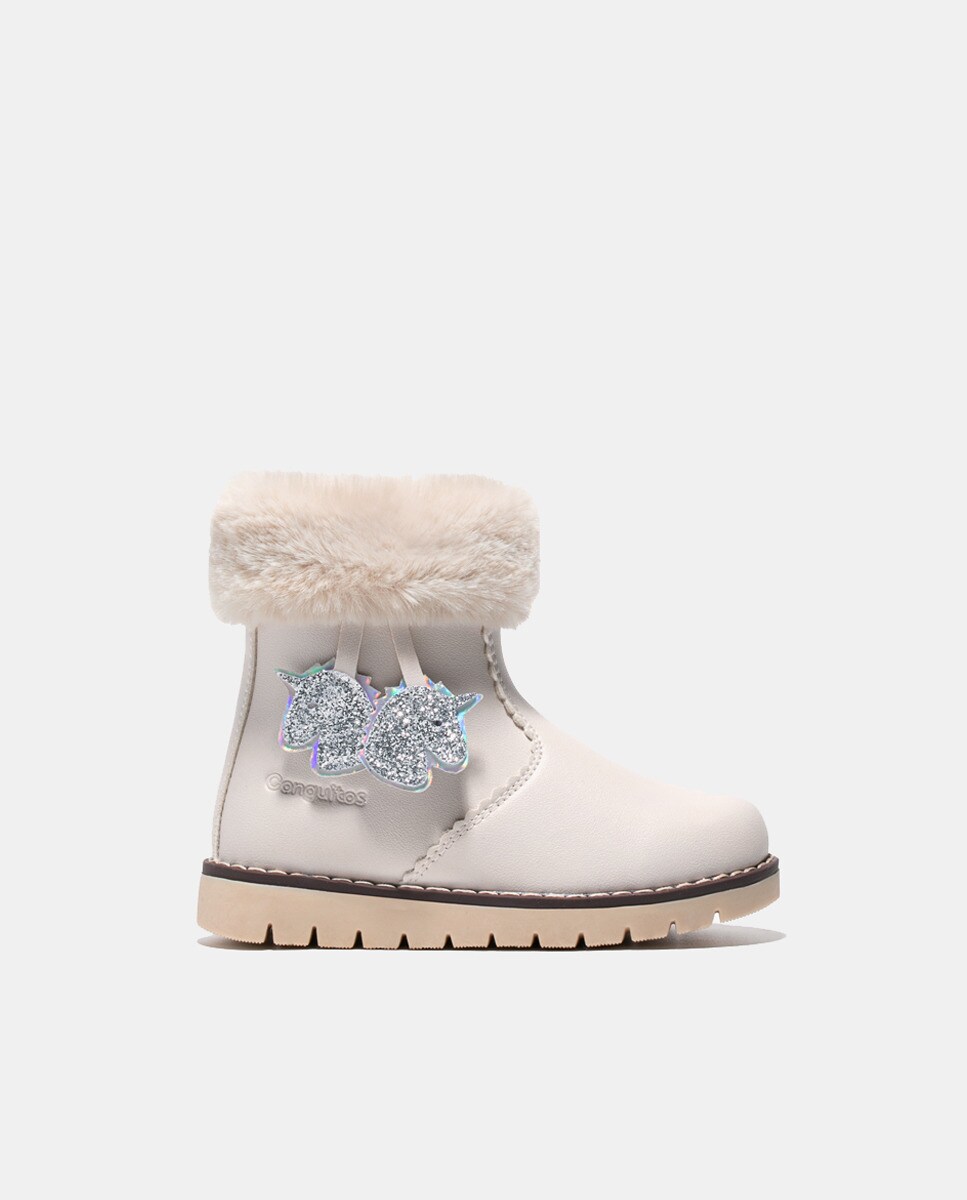 Bottes fille avec rebord en fourrure et motif licorne