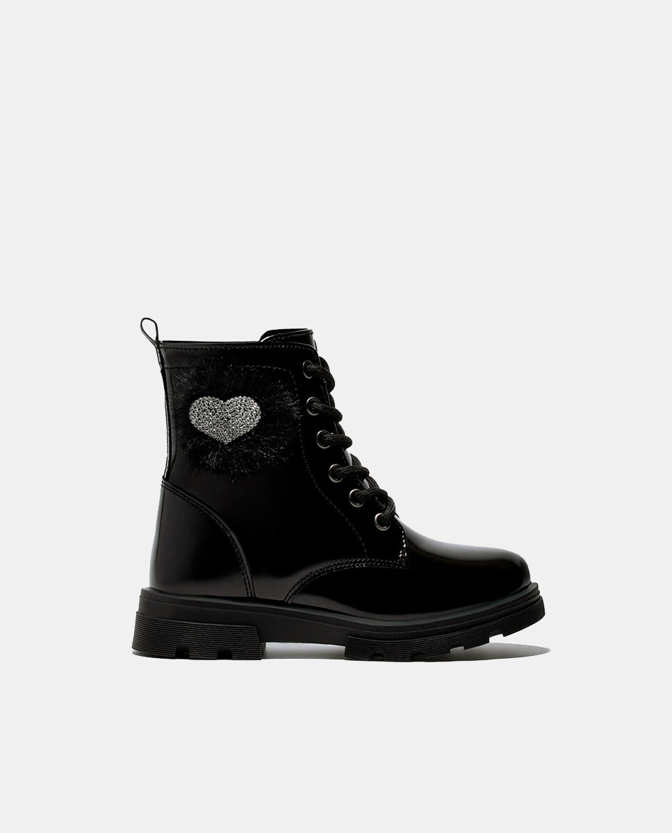 Bottes fille style militaire avec c?ur en strass et semelle crantée