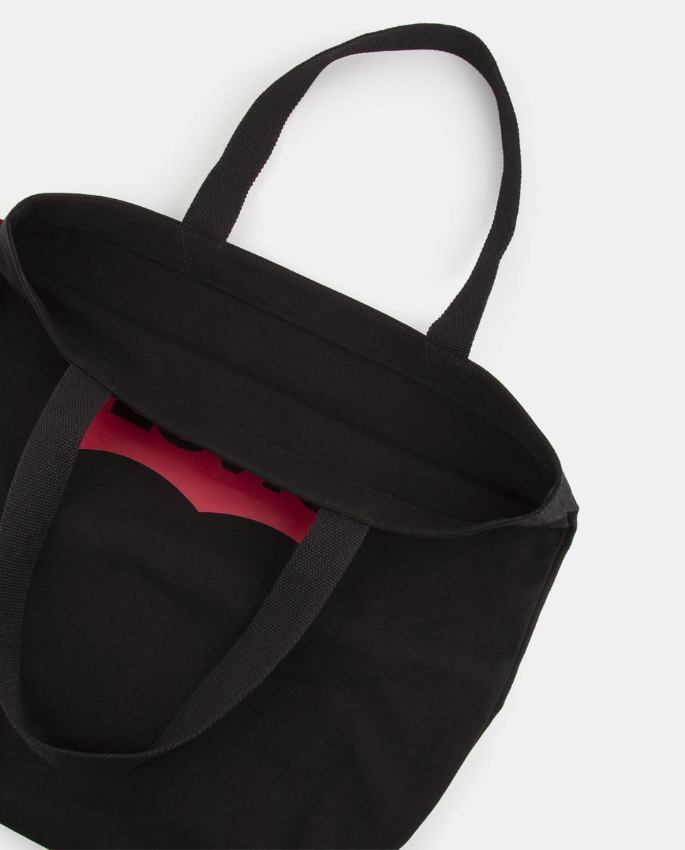 Mala tote de algodão preta com pormenor da marca Preto-6