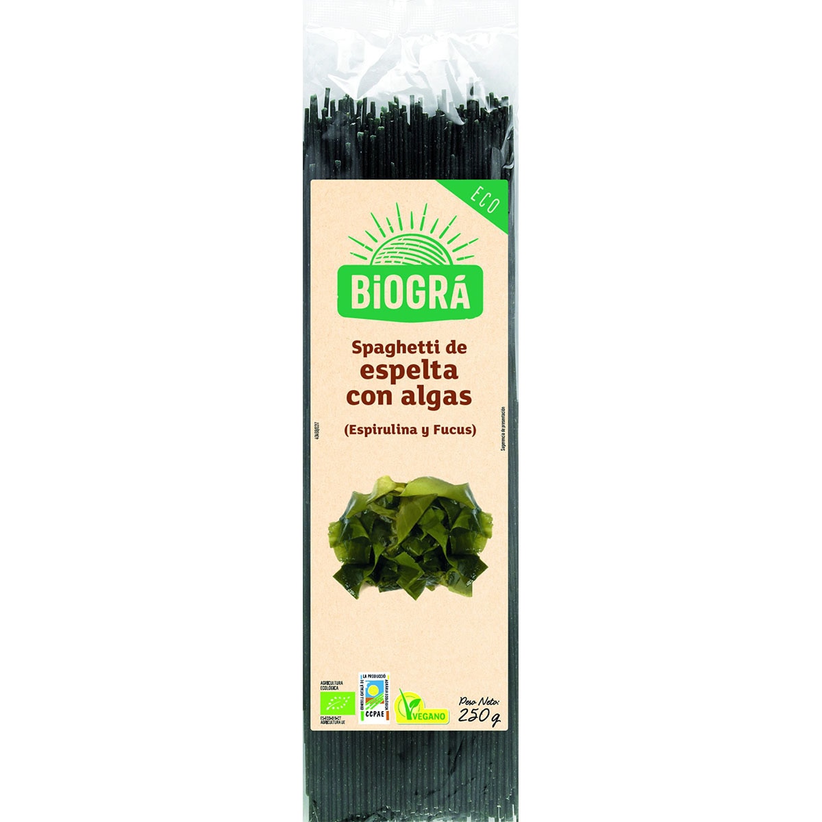 spaghetti de espelta con algas espirulina y fucus ecológicos envase 250 g