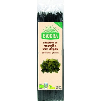 spaghetti de espelta con algas espirulina y fucus ecológicos envase 250 g - Biogra