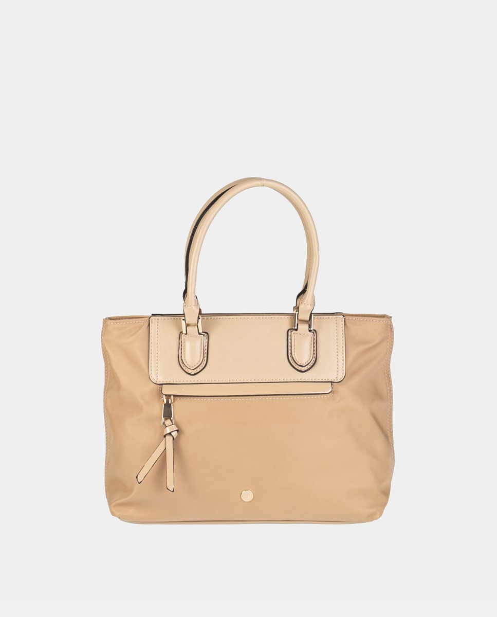 Grand sac tote en nylon crème à détails vernis