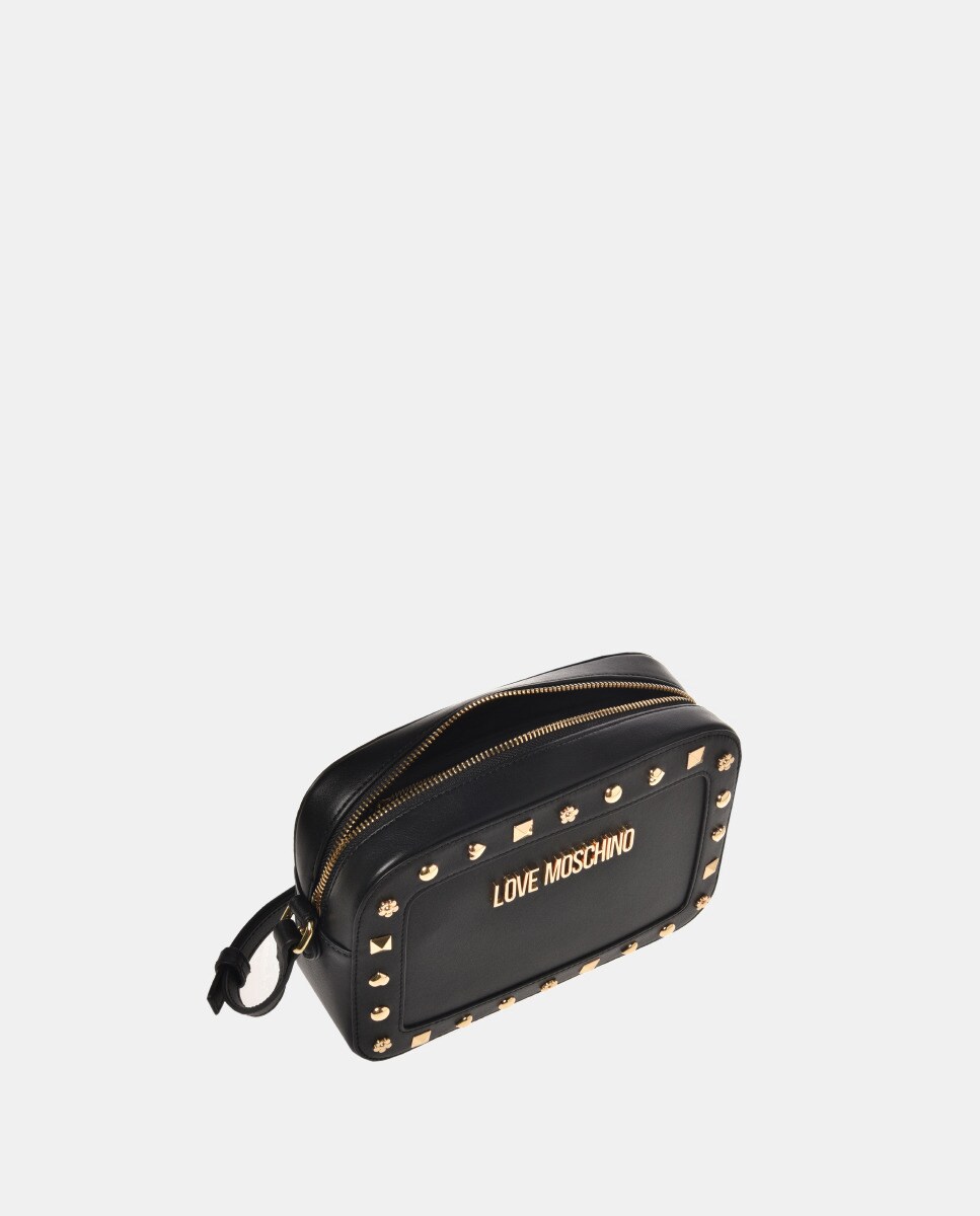 Bandolera pequeña de piel negra con detalles y logo en dorado · Love