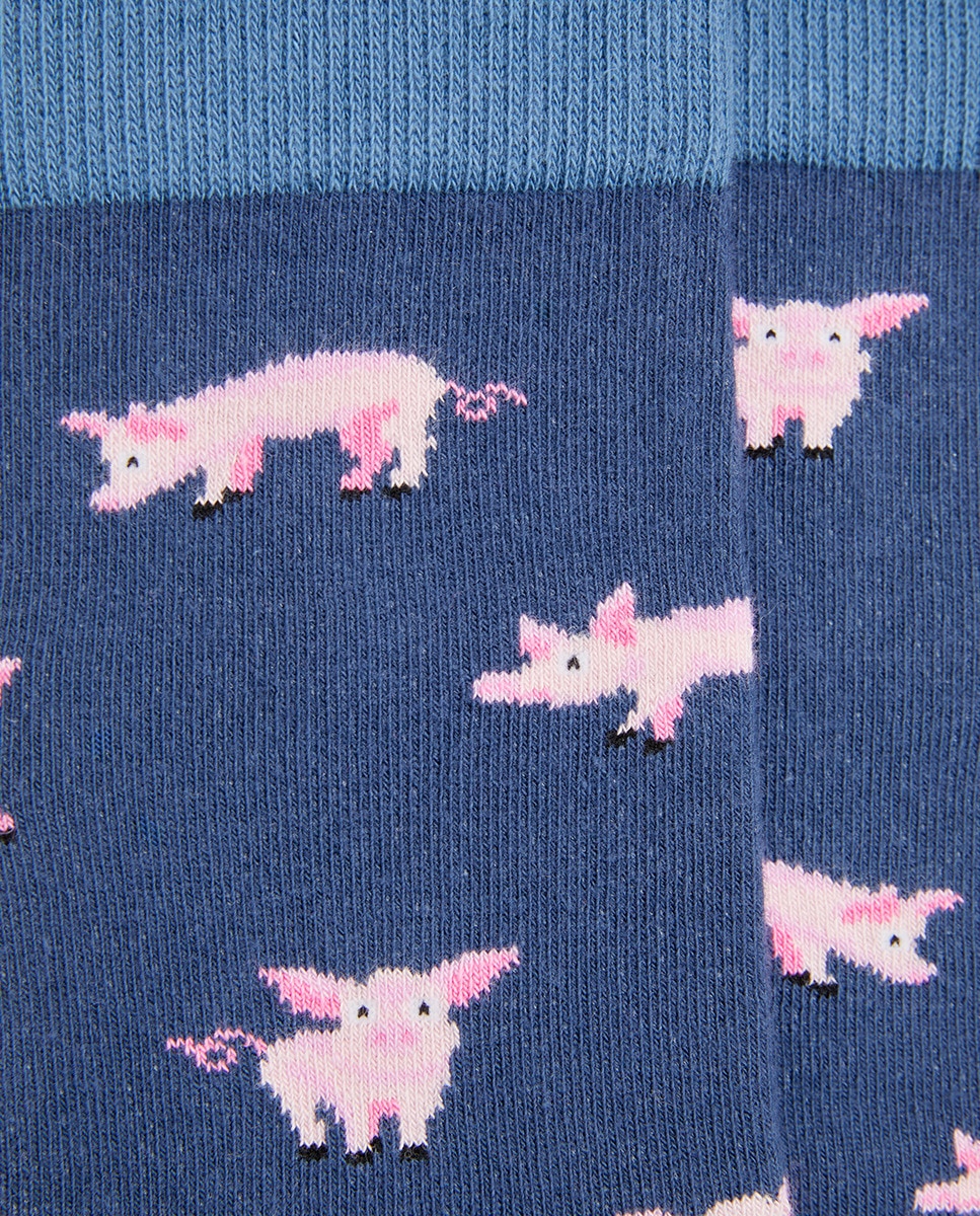 Meias com Estampado de Porcos - Azul-Marinho Azul-marinho-2