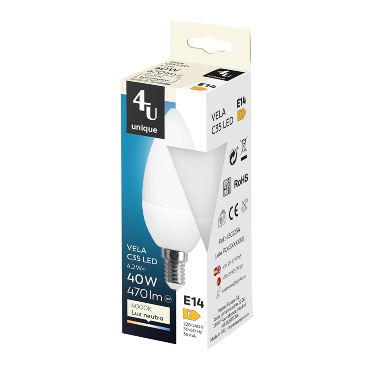 Lâmpada LED Vela SMD E14 4 W 470 lm 4000 K 450223A 2