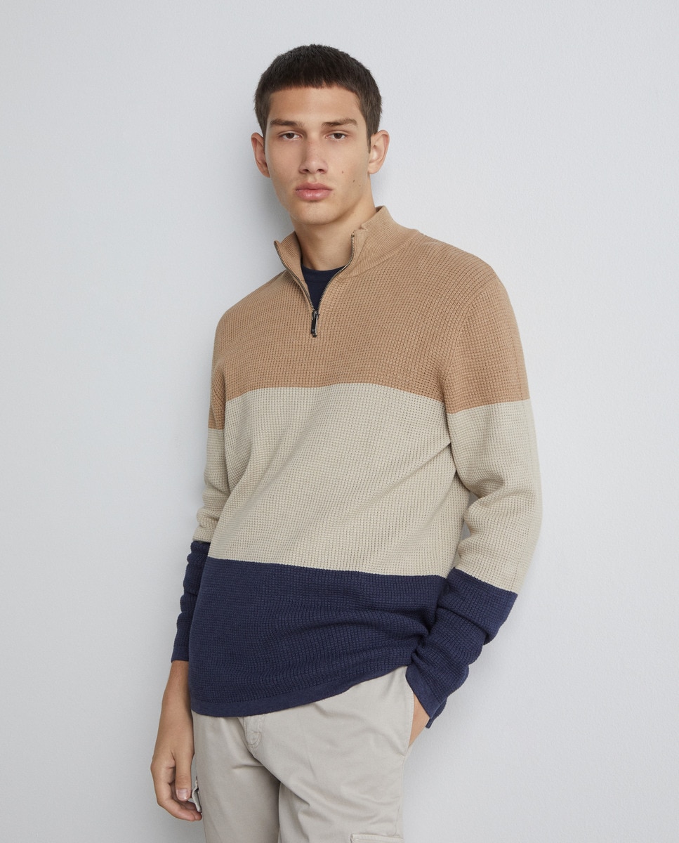 Pull col zippé tricolore