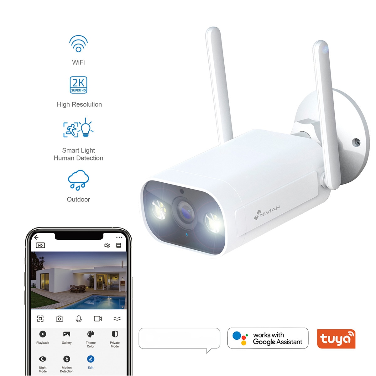 Cámara Wi-Fi de exterior 2K Nivian NVS-IPC-02-L con luz e IA Blanco / Negro-2
