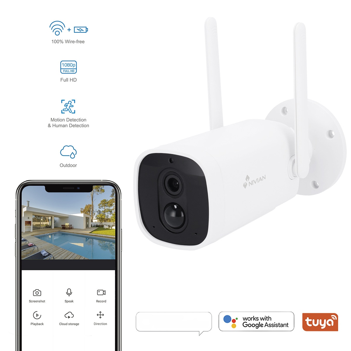 Cámara Wi-Fi exterior 1080p Nivian NVS-IPC-06-BAT con IA, a batería Blanco / Negro-2