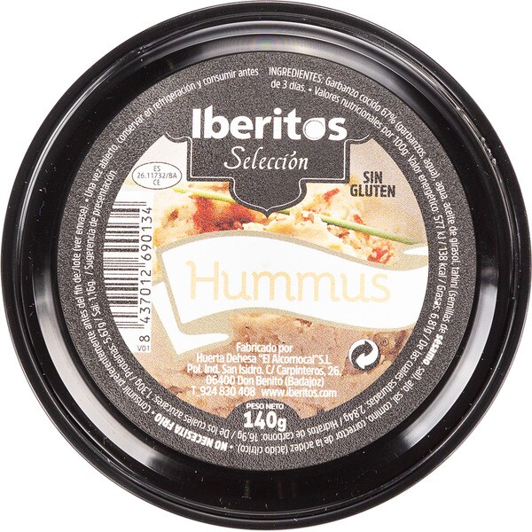 Humus puré de garbanzos tarrina 140 g · IBERITOS · Supermercado El