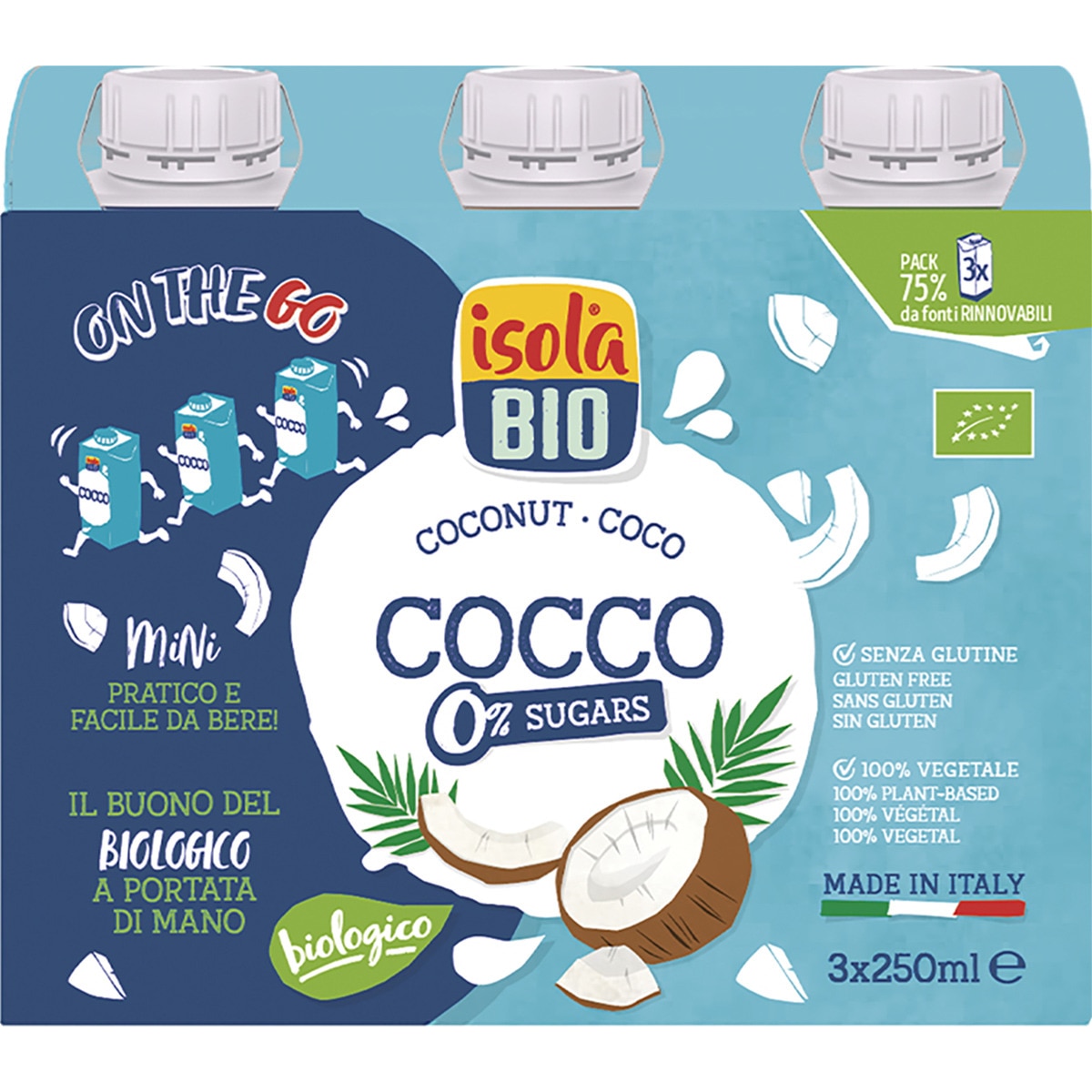 mini bebida de coco ecológica 0% azúcares y sin gluten pack 3 briks 250 ml