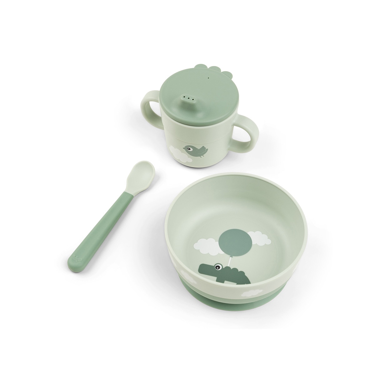 Set mi primera vajilla Done by Deer con bowl c/ventosa, taza aprendizaje y cuchara. Verde-1