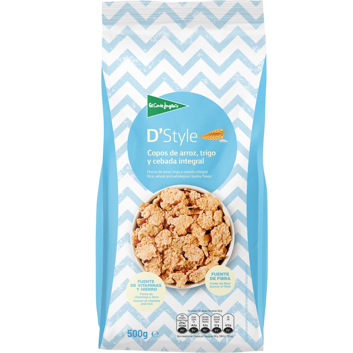D'Style cereales de desayuno en copos tostados de arroz y trigo integral paquete 500 g