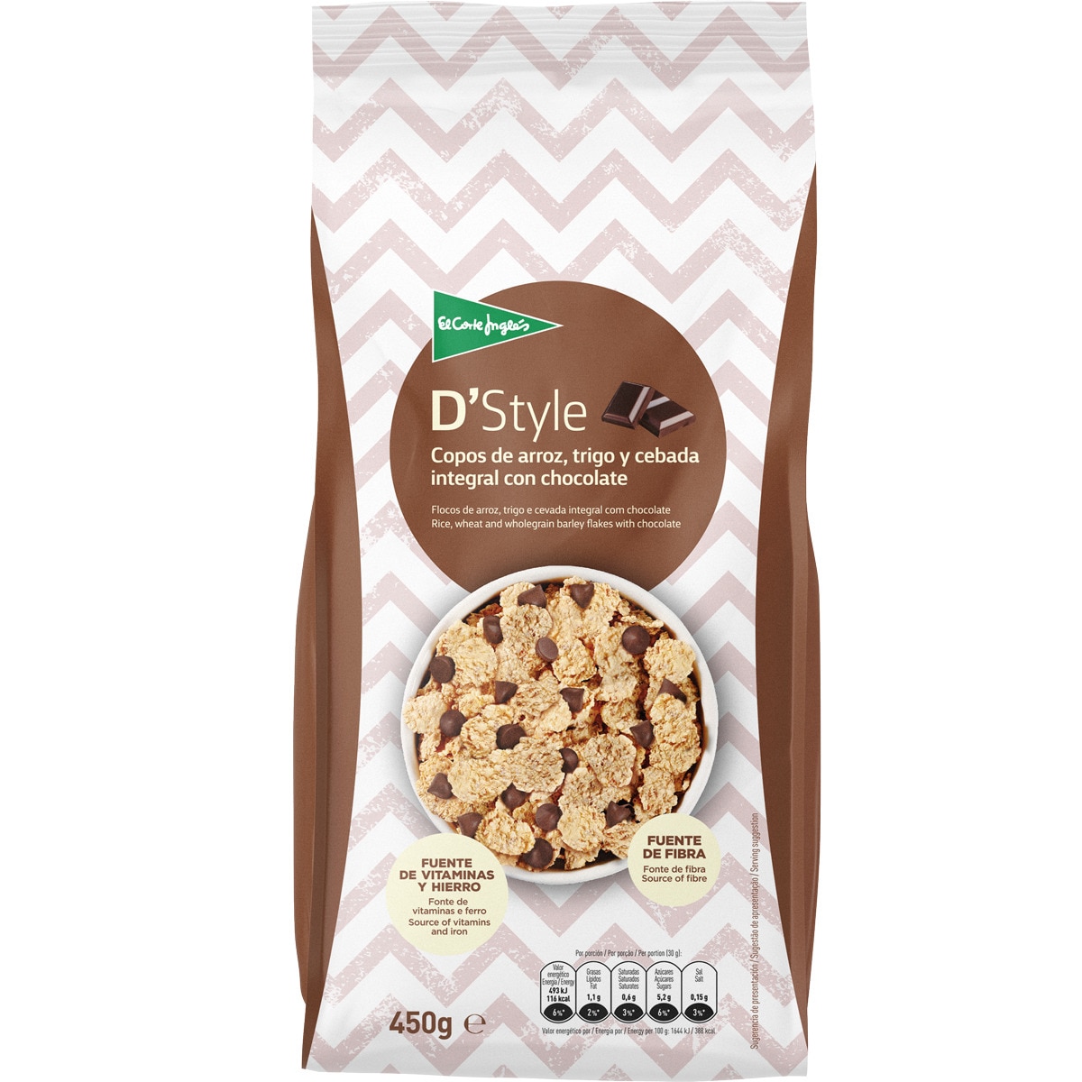 D' Style cereales de desayuno en copos de arroz y trigo integral con chocolate negro paquete 450 g