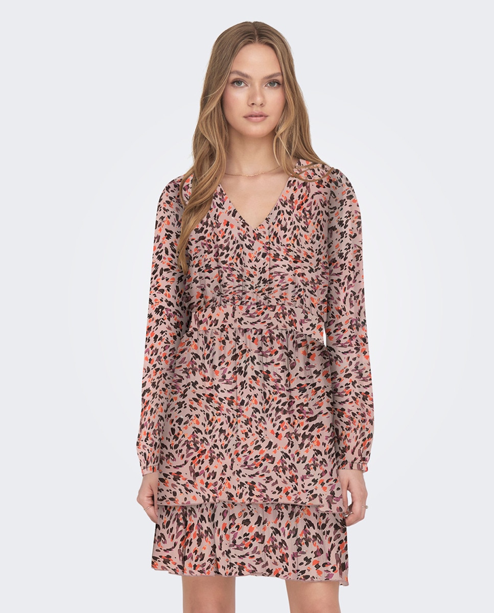 Robe courte à manches longues, encolure en V et taille ajustée